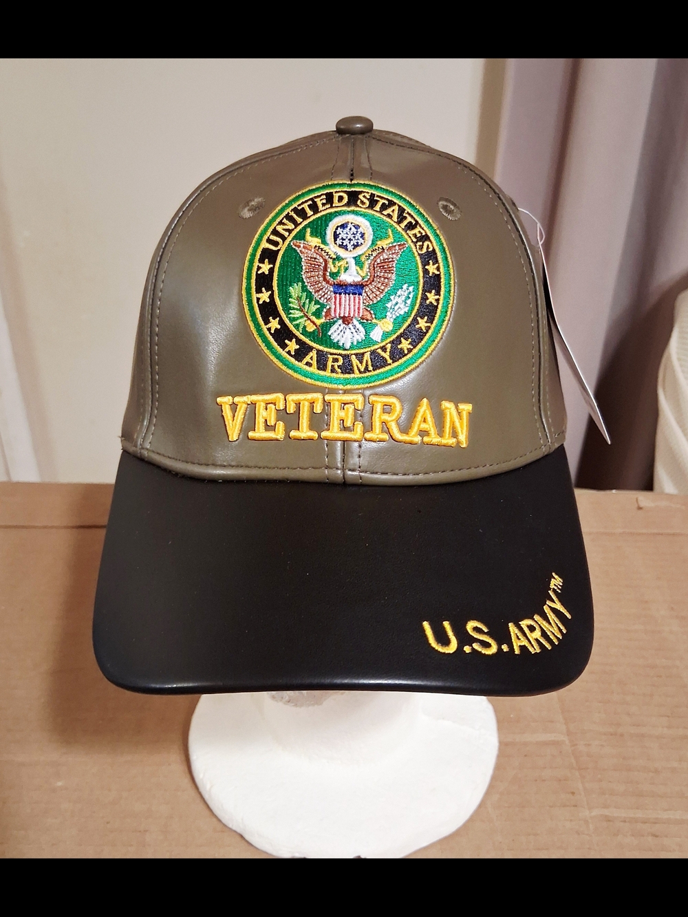 U.S. Army Veteran Olive and Black Cap Polyurethane Leather-Adult-Adjustable-Embr
